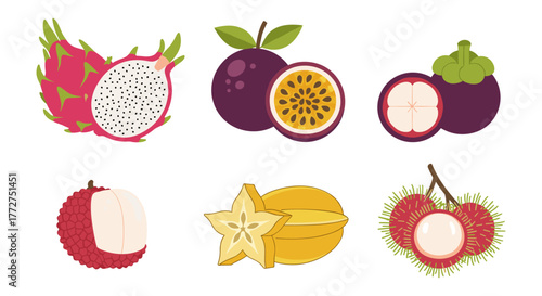 Exotic tropical fruits collection featuring dragon fruit, passion fruit, mangosteen, lychee, starfruit, and rambutan