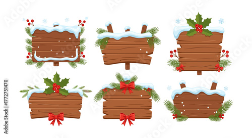 Festive wooden winter signs with snow, holly, and red bows collection