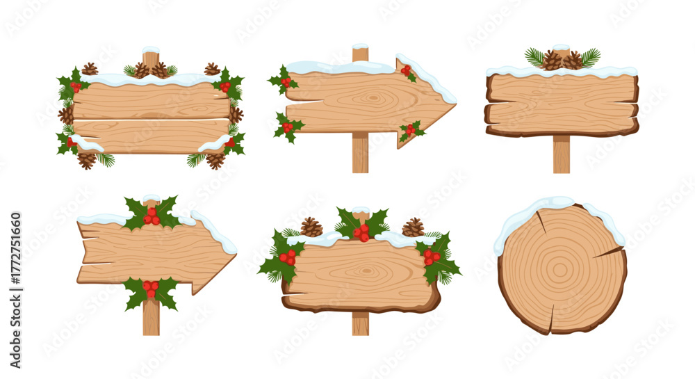 Naklejka premium Festive wooden signs with snowflakes and holly for holiday decor