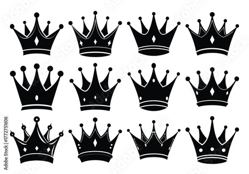 Collection of twelve ornate black silhouette royal crowns and regal symbols of power and monarchy