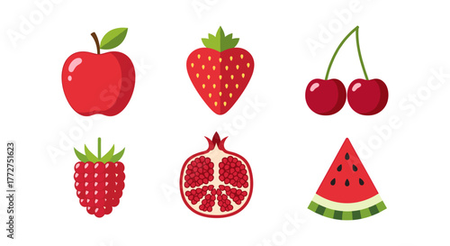 Colorful set of fruit icons featuring apple, strawberry, cherry, raspberry, pomegranate, and watermelon
