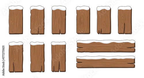 Snow-covered wooden planks set in cartoon style for winter themes