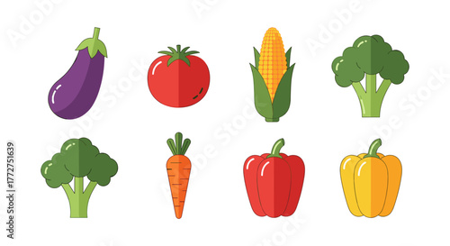 Colorful flat style vegetables collection with eggplant tomato corn broccoli carrot and peppers