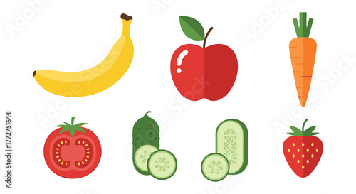 Colorful flat illustration of fresh fruits and vegetables