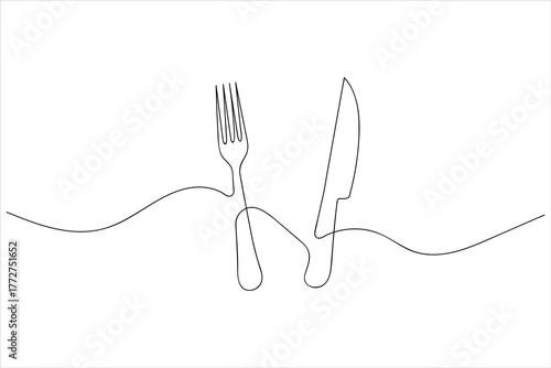 Minimalist continuous one line drawing of knife and fork on a white background, perfect for restaurant, cafe, and dining logo design