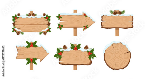 Festive wooden signs with snowflakes and holly for holiday decor