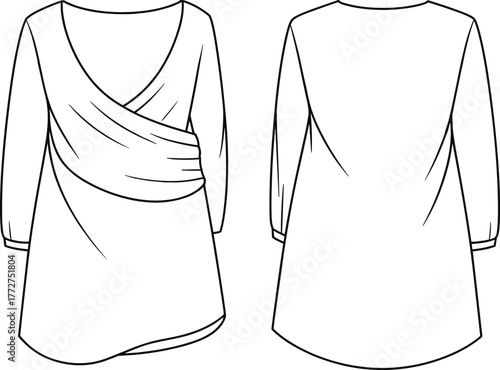 Vector, fashion, illustration, women's, tunic, top, asymmetrical, wrap, V-neck, long, sleeve, front, back, view, garment, construction, technical, drawing, apparel, design