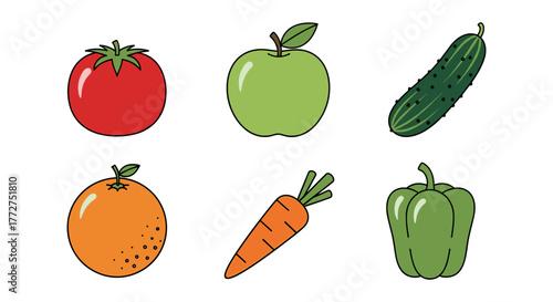 Cartoon style fruits and vegetables set: tomato, apple, cucumber, orange, carrot, bell pepper
