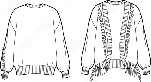Sweater technical sketch, front and back view, fringe trim, balloon sleeve, ribbed cuff, open front, fashion apparel layout