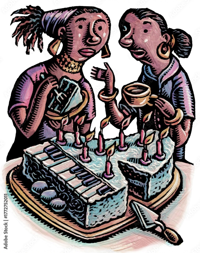 Obraz premium two black women eating a birthday cake shaped like a piano