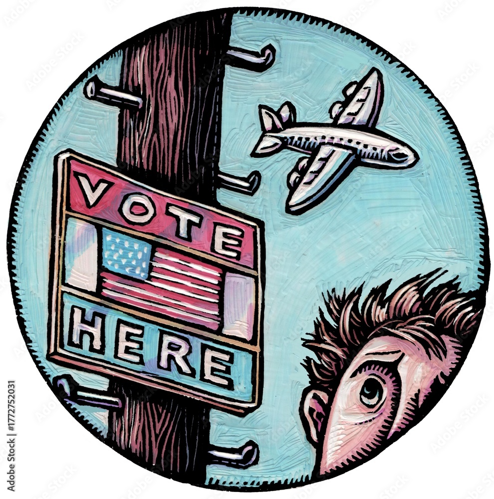 Obraz premium man looks at voting sign on telephone pole and sees airplane flying overhead in the distance