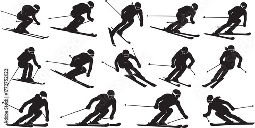 Dynamic silhouettes of skiers in action, perfect for winter sports enthusiasts and outdoor adventure marketing campaigns during the snowy season