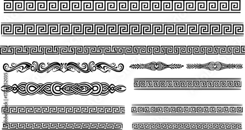 Ancient Greek borders. Greek Roman meander and wave decorative seamless patterns vector illustration set. Greek geometric meander borders