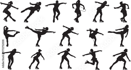 Dynamic ice skaters performing elegant moves in silhouette, perfect for winter sports promotion and artistic expression of skill and grace on ice