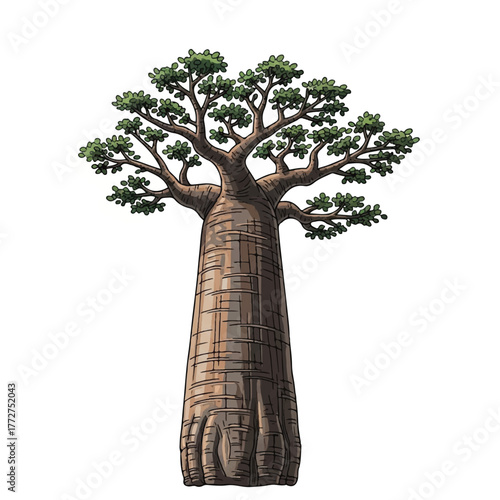 a broad baobab tree displaying a sturdy trunk and sparse foliage