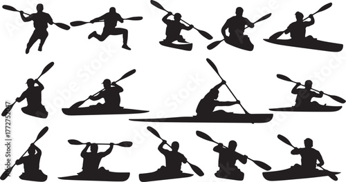 Dynamic kayaking silhouettes showcase outdoor water sports and adventurous recreational activities with paddles for print or digital design resources