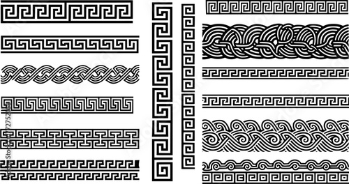 Ancient Greek borders. Greek Roman meander and wave decorative seamless patterns vector illustration set. Greek geometric meander borders