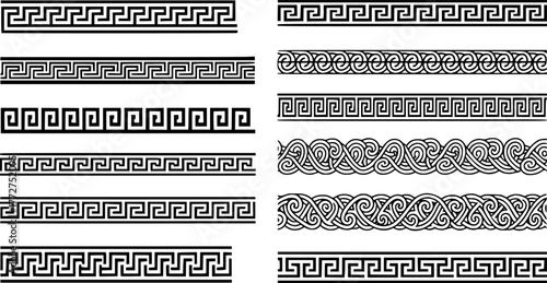 Ancient Greek borders. Greek Roman meander and wave decorative seamless patterns vector illustration set. Greek geometric meander borders
