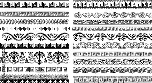Ancient Greek borders. Greek Roman meander and wave decorative seamless patterns vector illustration set. Greek geometric meander borders