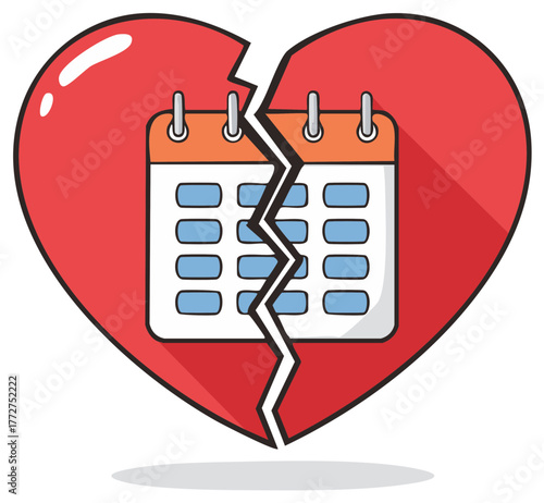 Calendar within a broken red heart symbolizing the end of a relationship or a painful separation