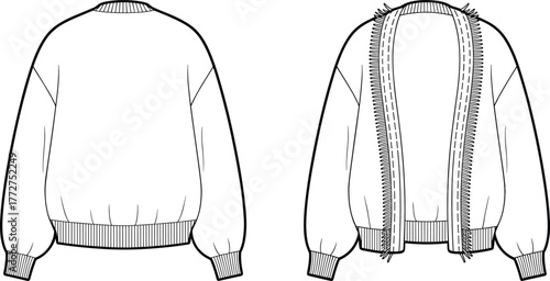 Sweater technical sketch, front and back view, fringe trim, balloon sleeve, ribbed cuff, open front, fashion apparel layout