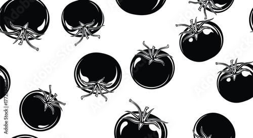 Seamless pattern of graphic black tomatoes on a white background, evoking a fresh, organic feel.