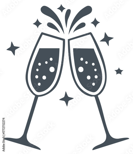 Toasting champagne flutes, celebratory drink with sparkling bubbles and stars