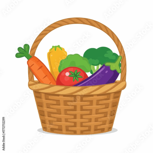 Basket filled with fresh vegetables, including carrots, tomatoes, and broccoli.