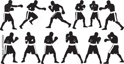 Dynamic black and white silhouettes of boxers in action showcasing power, agility, and determination for sports marketing and fitness campaigns