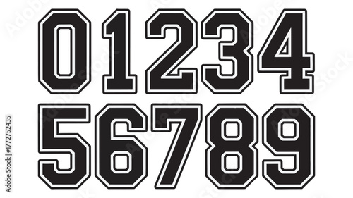 A set of black and white collegiate style sport numbers from zero to nine