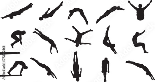 Dynamic silhouettes showcasing diving techniques and forms against a clean white backdrop perfect for sports or fitness themed design projects