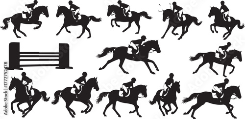 Dynamic equestrian silhouettes showcase the grace and power of horse riding and jumping for branding, events, or equestrian-themed designs