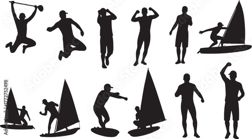 Dynamic silhouettes showcasing windsurfing, jumping, and active poses perfect for sports, recreation, and summer lifestyle concepts