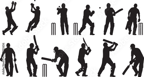 Dynamic cricket players silhouettes showcase fielding, batting, and bowling action shots, perfect for sports designs and marketing materials.