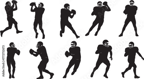 Dynamic football player silhouettes capturing action poses for sports graphics and athletic designs