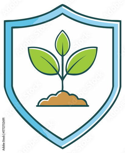 Green seedling protected within a blue shield emblem signifying growth and security