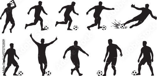 Dynamic soccer player silhouettes capture the thrill of the game, from dribbling to powerful kicks and celebratory moments.