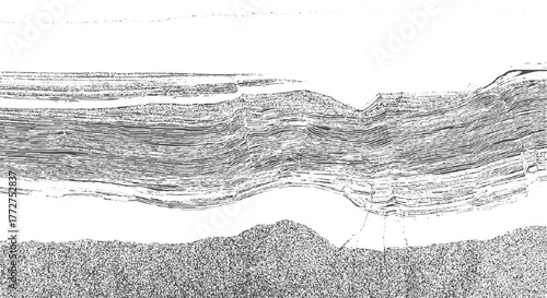 Black and white cross section of geological strata with fault lines and textured ground geology layers