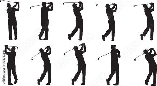 Dynamic silhouettes capture the powerful swing and elegant follow-through of professional golfers in action
