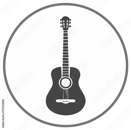 Acoustic guitar silhouette icon within a circular frame representing music and harmony