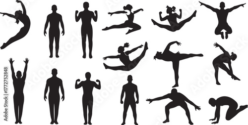 Dynamic collection of diverse human silhouettes showcasing athletic poses, dance movements, and active lifestyles for your projects