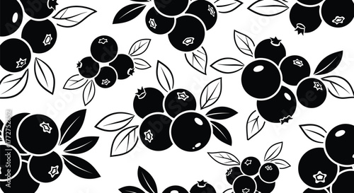 Stylized black and white pattern of blueberries with leaves on white background