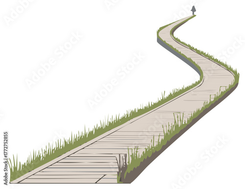 Stylized winding path bordered by green grass leading to a small abstract tree illustration