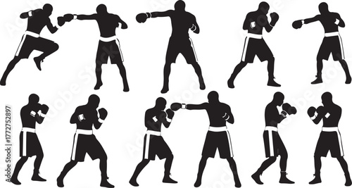 Dynamic boxing silhouettes showcase powerful punches and athletic stances for sports, fitness, and competition themes