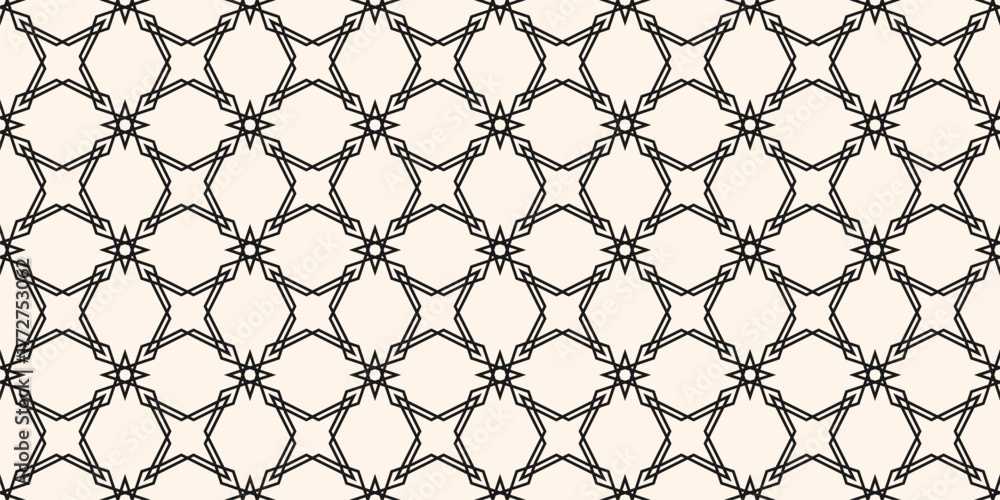 Fototapeta premium Vector geometric seamless pattern with oriental stars, diamonds, grid, lattice, net. Elegant linear texture in outline style. Black and white luxury background. Repeated design for textile, wallpaper
