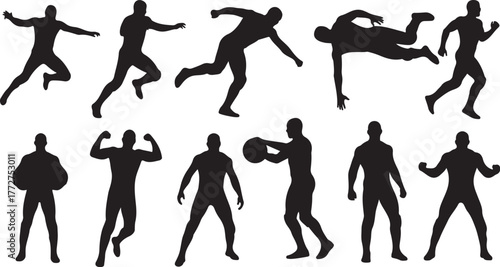 Dynamic male athletes in action silhouettes capturing movement, strength, and athletic achievement for sports and fitness themes
