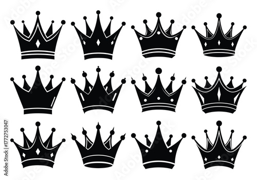 Collection of twelve black silhouette royal crowns with ornate designs and pointed jewels on a white background