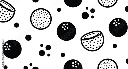 Whimsical black and white polka dot pattern with abstract circular shapes and halved spheres.