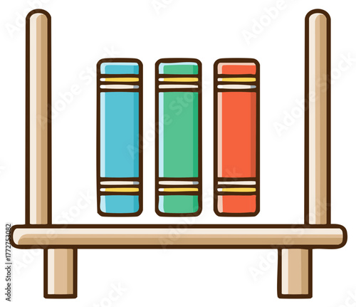 Three colorful books on a wooden shelf. Collection of knowledge and stories.