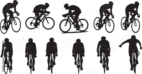 Dynamic cyclists in silhouette capture the thrill and speed of competitive road racing, showcasing athletic prowess and determination.
